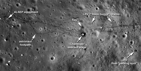 Imagen del lugar de alunizaje de la Apollo 17. NASA/LROC (Haga click para ver espectacular panorama lunar). Imagen del lugar de alunizaje de la Apollo 17. NASA/LROC