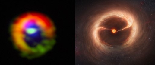 Observaciones realizadas con el telescopio ALMA del disco de gas y polvo cósmico en torno a la joven estrella HD 142527. Foto: ALMA.