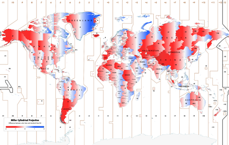 Comparación entre la hora solar y la Hora Estándar en el mundo. Fuente: Wikipedia. Haga click para agrandar.