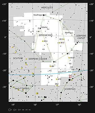 Mapa en negativo muestra la gran constelaci�n de Ofiuco (El Portador de la Serpiente). La ubicaci�n del sistema Oph-IRS 48 se indica con un c�rculo rojo.  Cr�dito: ESO.