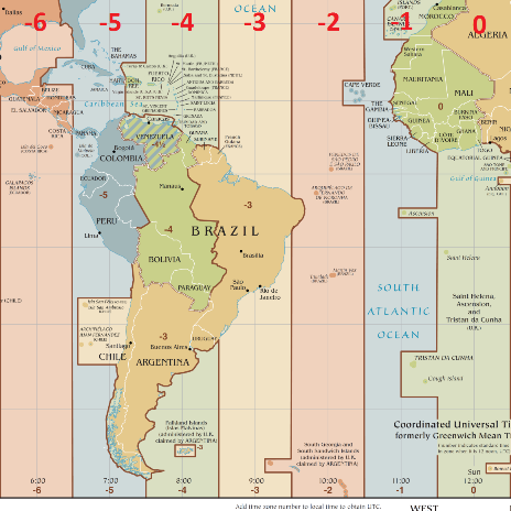 Planisferio con las zonas horarias de Sudamérica. Origen: Wikipedia.