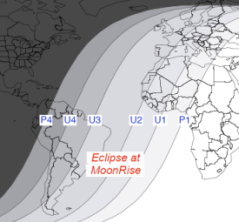Zonas de visibilidad del eclipse de Luna del 15 de Junio, 2011.
