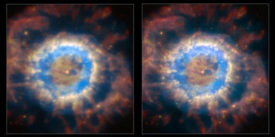 Los 4 rayos laser del sistema de óptica adaptativa encendidos sobre el telescopio Yepún de 8 metros de Paranal. Crédito: ESO.