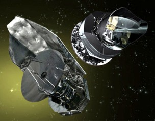 Observatorios espaciales Herschel y Planck llegan al Punto 2 de Lagrange. Ilustración: ESA.