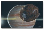 Concepcin artstica de la nave Galileo de la NASA, al momento de pasar cerca de la pequea luna interior Amaltea.