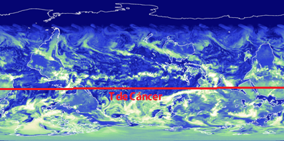 Los rayos del Sol caen verticalmente sobre el Trópico de Cáncer y el hemisferio norte queda completamente iluminado, lo que no ocurre en el hemisferio sur. El Sur está arriba. Crédito: CERES/NASA Langley.
