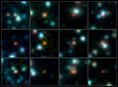 Galaxias tempranas (en rojo) observadas por ALMA, entre galaxias observadas por el observatorio espacial Spitzer. Crdito: Chandra/Spitzer/ALMA.
