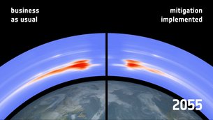 Predicción de densidad de la basura espacial en la órbita polar, sin y con medidas de mitigación. Crédito: ESA.