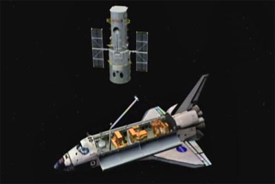 Ilustracin computacional del acercamiento del Atlantis al Telescopio Espacial Hubble. NASA.