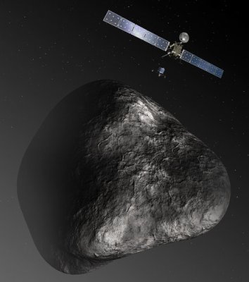 Ilustración de la sonda Rosetta y la nave de descenso Philae junto al cometa cometa 67P/Churyumov-Gerasimenko. Crédito: ESA.