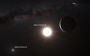 Ilustracin que muestra al exoplaneta Alfa Cen Bb orbitando a la estrella Alfa Cen B. (Haga click en la imagen para agrandar). Imagen: La Silla/ESO.